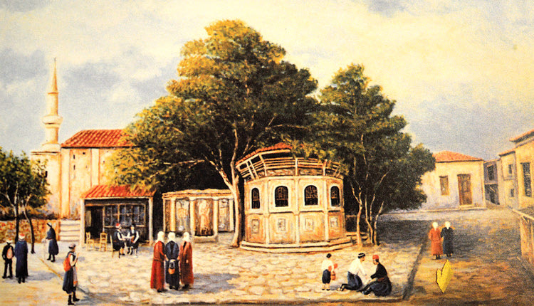 Ζωγραφικό έργο του Α. Τσακουντάκη που απεικονίζει την κρήνη Μπέμπο, τον Κουμπέ και τον ναό του Σωτήρος