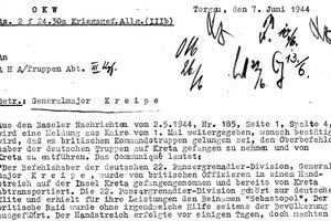 Έγγραφο των γερμανικών αρχείων με ημερομηνία 2 Μαΐου 1944, έξι ημέρες μετά την απαγωγή του Στρατηγού Κράιπε. Το έγγραφο αναφέρει μεταξύ άλλων ότι «η Βρετανική επιχείρηση/επιδρομή επετεύχθη χωρίς καμία βοήθεια εκ μέρους του πληθυσμού».