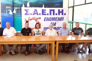 Από αριστερά οι κ. Ροδίτης, Πατεμτζής, Παπαδόπουλος, Σιδηρά, Δούκα, Σκαλοχωρίτη, Δημόπουλος, Βλαστός και Κοκκινάκης στη συνέντευξη Τύπου του ΣΑΕΠΗ