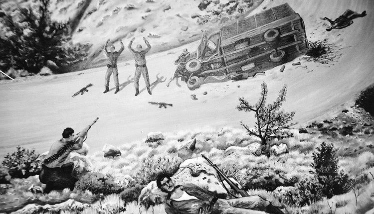 Στιγμιότυπο από το σαμποτάζ της Δαμάστας. Ζωγραφικός πίνακας του Πολύδωρου Αεράκη και της συζύγου του Μαρίας Τερέζα