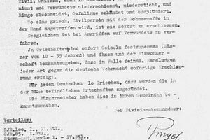 Η διαταγή του Ιούλιου Ρίγκελ με ημερομηνία 23 Μαΐου 1941, τέταρτη ημέρα της Μάχης της Κρήτης. Μ’αυτήν καθορίζεται ότι η ζωή ενός Γερμανού στρατιώτη ισοδυναμεί με τη ζωή δέκα Κρητικών.