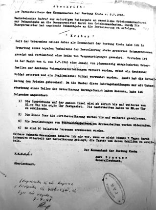 Η διαταγή εκτέλεσης 50 πατριωτών του Γερμανού Διοικητή του Φρουρίου Κρήτης Μπρώυερ, μετά το β’ σαμποτάζ του αεροδρομίου Καστελλίου