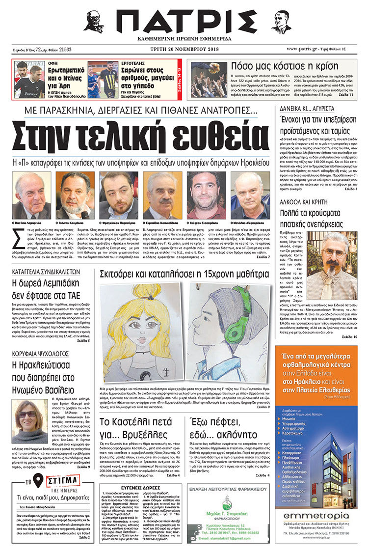 Πρωτοσέλιδο της έντυπης ΠΑΤΡΙΣ 20/11/2018