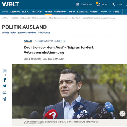 DieWelt: “O Τσίπρας αξίζει τον σεβασμό και την ευγνωμοσύνη μας!”