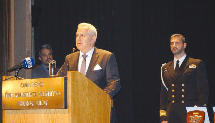 Στη Χίο μετέβη χθες ο υπουργός Εθνικής Άμυνας, Ευάγγελος Αποστολάκης, όπου παρέστη στην τελετή αποκαλυπτηρίων ομοιώματος του θωρηκτού «ΓΕΩΡΓΙΟΣ ΑΒΕΡΩΦ»