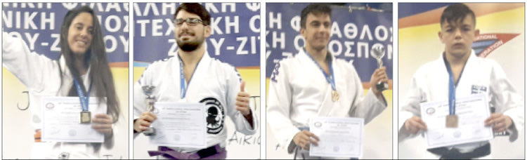 Οι Πετροπούλου, Πετρόπουλος, Αποστολάκης και Δουληγέρης του Θησέα  στο πανελλήνιο πρωτάθλημα Ζίου Ζίτσου που έγινε στην Αθήνα