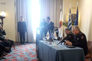 η τελετή παράδοσης παραλαβής της περιφερειακής διοίκησης της Πυροσβεστικής στην Κρήτη από τον υποστράτηγο (ε.α) Ιωάννη Μαραγκάκη στον νέο περιφερειάρχη του Σώματος στο νησί αρχιπύραρχο Νίκο Λαγουδάκη