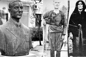 Η προτομή του Αντώνη Γιαμαλάκη στην κεντρική πλατεία Αρκαλοχωρίου (αριστερά) και οι γονείς του, Κωνσταντίνος (Γιαμαλοκωσταντής) και Ειρήνη (Μουρτζάκη) (δεξιά)