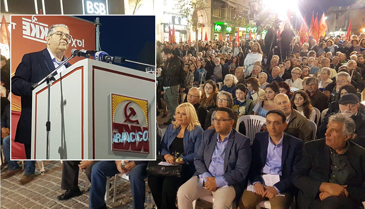 από το Ηράκλειο ο γραμματέας του ΚΚΕ, Δημήτρης Κουτσούμπας, κατά τη διάρκεια της προεκλογικής ομιλίας του στο Μεΐντάνι