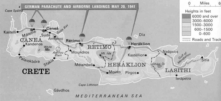 Χάρτης της Κρήτης που απεικονίζει τα μέτωπα της πτώσης των αλεξιπτωτιστών στους νομούς Χανίων, Ρεθύμνου και Ηρακλείου