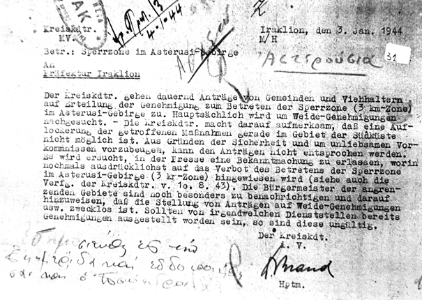 Η kρeiskommandantur Ηρακλείου, 3 Ιανουαρίου 1944. Η περιοχή των Αστερουσίων εξακολουθεί να παραμένει νεκρή ζώνη.