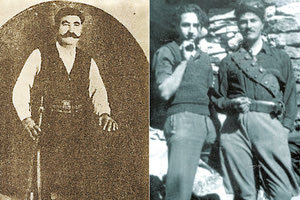 Καπετάν Μανώλης Μπαντουβάς, Αρχηγός της Αντίστασης Κρήτης (αριστερά) και Πάτρικ Λη Φέρμορ και Γεώργιος Δουνδουλάκης (δεξιά)