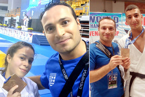 Η Βασιλική Ριζάκη που ήρθε πρώτη με τον προπονητή της και ο Ζαχαρίας Σαμωνάκης με το μετάλλιο της 3ης θέσης