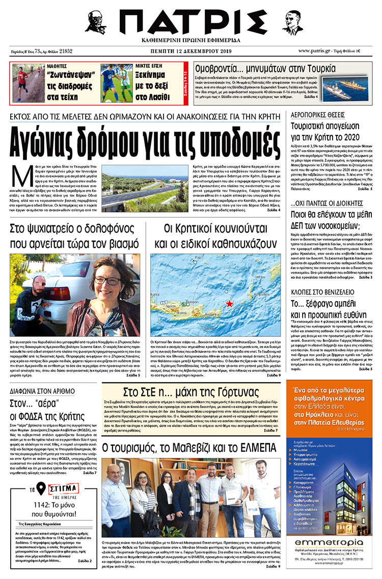 Πρωτοσέλιδο έντυπης ΠΑΤΡΙΣ 12/12/2019