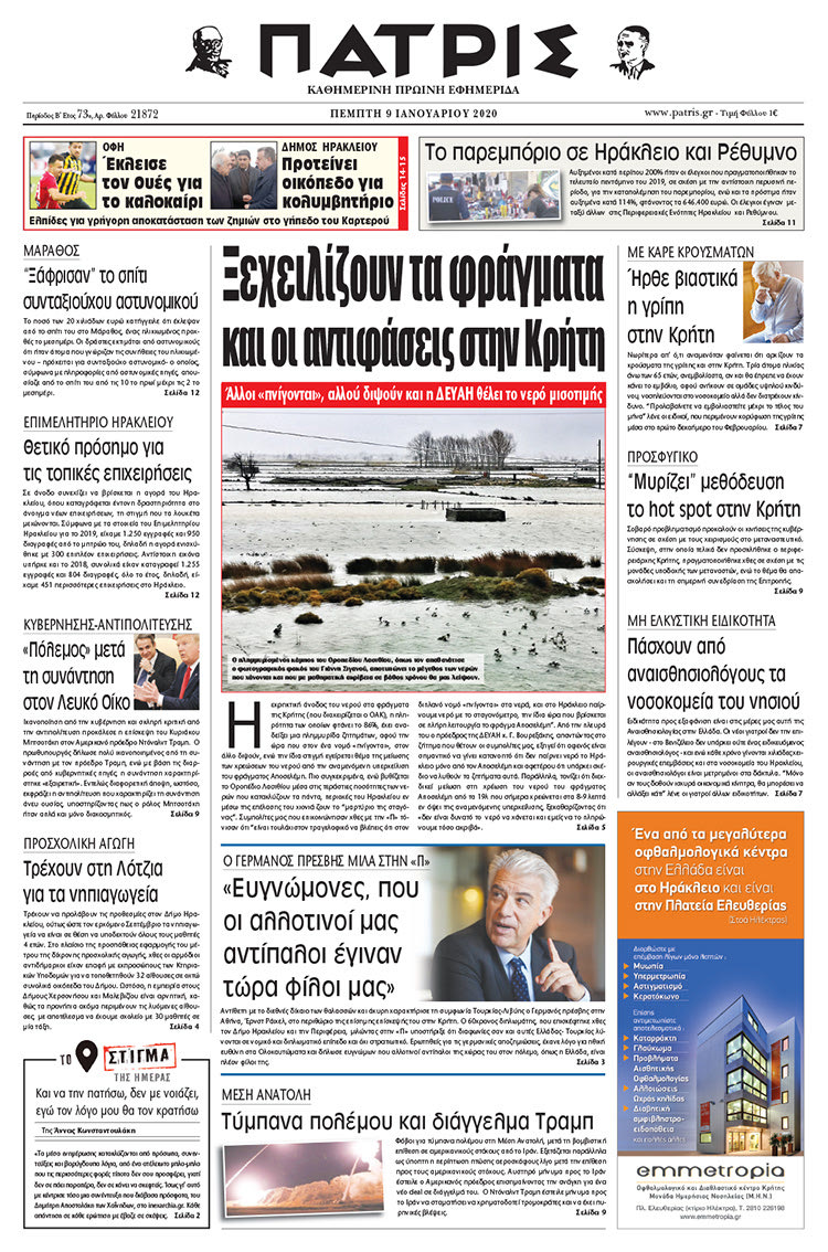 Πρωτοσέλιδο ΠΑΤΡΙΣ 9/1/2020