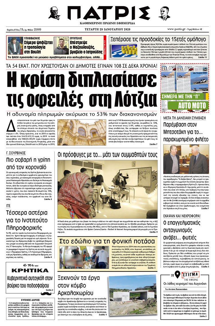 Πρωτοσέλιδο ΠΑΤΡΙΣ 29/1/2020