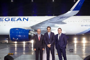 η εταιρεία Aegean, που παρουσίασε χθες σε ειδική εκδήλωση τα πρώτα νέα αεροσκάφη της από την παραγγελία ύψους 6,6 δισεκατομμυρίων ευρώ.