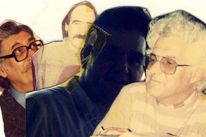 Κολάζ σε γραφείο της Ρ. Χούρδου, από αριστερά Μ. Αναγνωστάκης, Μ. Ρουσάκης, Γ. Λεμπιδάκης, Σ. Καμάρης. 1989.