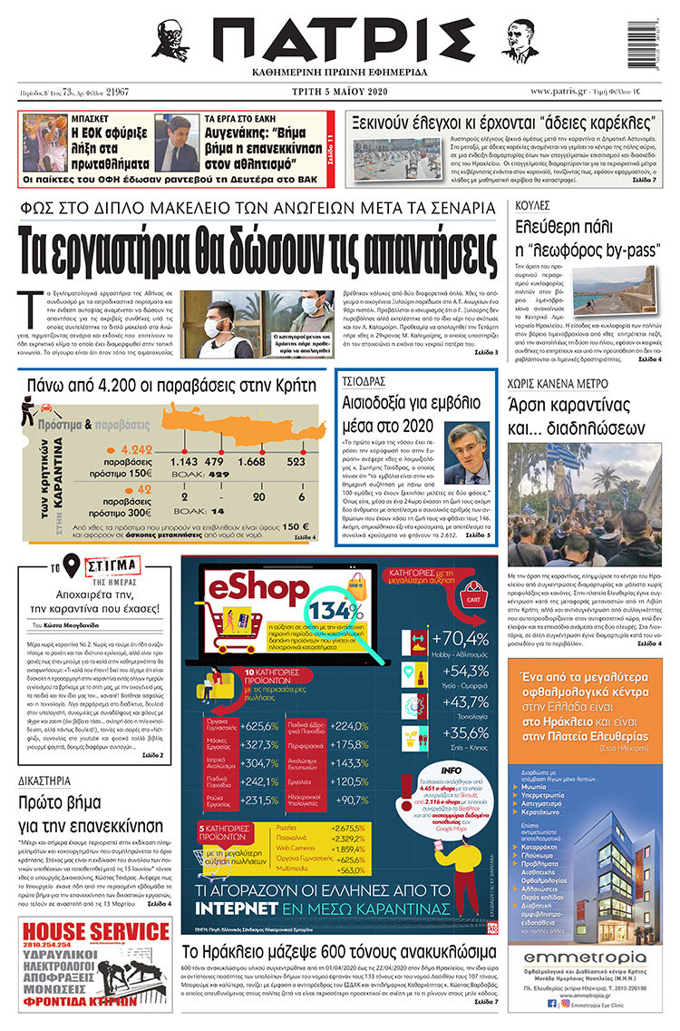 Πρωτοσέλιδο ΠΑΤΡΙΣ 5/5/2020
