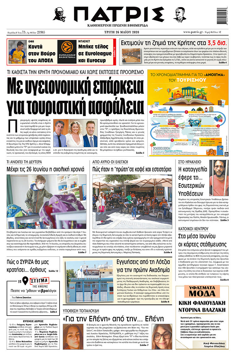 Πρωτοσέλιδο ΠΑΤΡΙΣ 26/5/2020