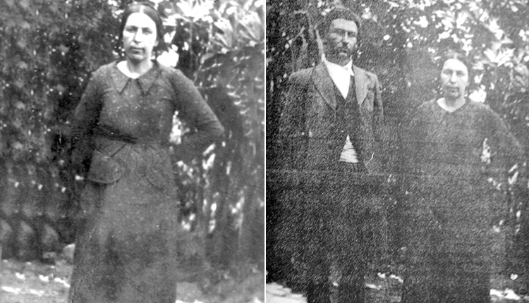Αριστερά η Αικατερίνη Ανδριανάκη – Ψαράκη, αδερφή του Κυριάκου Ψαράκη – Ψαροκυριάκου από το χωριό Αμαριανό. Δεξιά ο Μανόλης Ψαράκης (Ψαρομανόλης) με τη θεία του Αικατερίνη Ψαράκη – Ανδριανάκη (Μενεγίνα). Αμαριανό, 20 Σεπτεμβρίου 1942, εορτή Αγίου Ευσταθίου