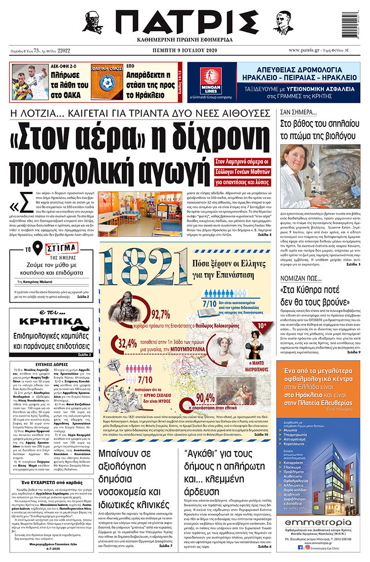 Πρωτοσέλιδο ΠΑΤΡΙΣ 9/7/2020