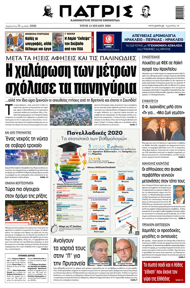 Πρωτοσέλιδο ΠΑΤΡΙΣ 14/7/2020