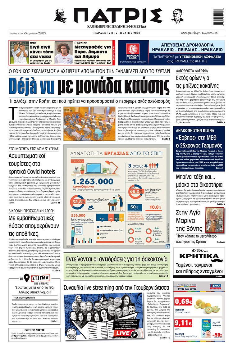Πρωτοσέλιδο ΠΑΤΡΙΣ 17/7/2020