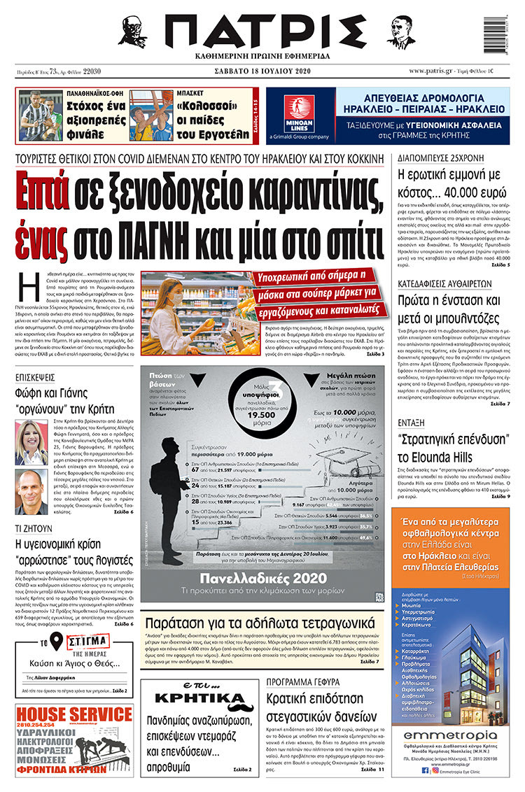 Πρωτοσέλιδο ΠΑΤΡΙΣ 18/7/2020