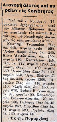 Εφημερίδα Κρητικός Κήρυξ, 1 Απριλίου 1942. «Διανομή άλατος και πυρείων εις Κοινότητας».