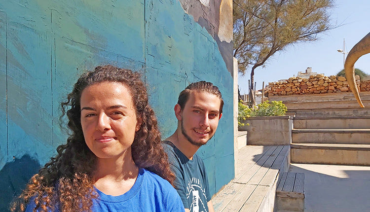 δημιουργία μιας ζωγραφιάς σε μεγάλη διάσταση που γίνεται στην αυλή του Ερευνότοπου του Μουσείου Φυσικής Ιστορίας Κρήτης από τους Λευτέρη Δελήμπαση και Άλκηστης Παπαδοφραγκάκη