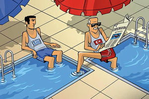 α γελοιογραφία που δημοσιεύτηκε σε ιστοσελίδα των Ηνωμένων Αραβικών Εμιράτων στην οποία απεικονίζεται ο Τούρκος πρόεδρος να πατάει σε δύο πισίνες, μία δική του και μία της Ελλάδας