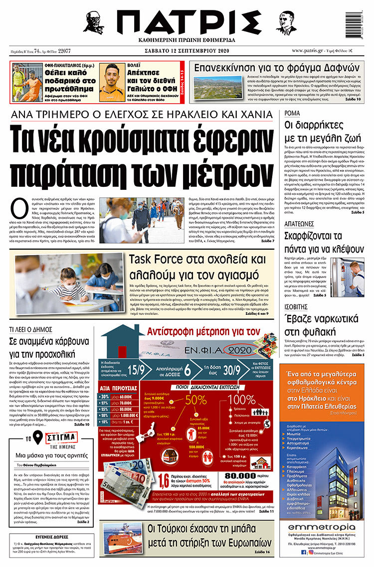 Πρωτοσέλιδο ΠΑΤΡΙΣ 12/9/2020