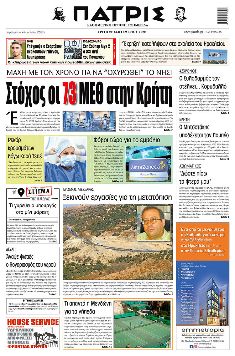 Πρωτοσέλιδο ΠΑΤΡΙΣ 22/9/2020