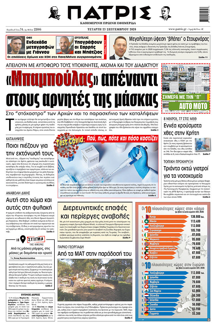 Πρωτοσέλιδο ΠΑΤΡΙΣ 23/9/2020