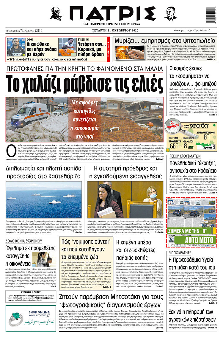 Πρωτοσέλιδο ΠΑΤΡΙΣ 21/10/2020