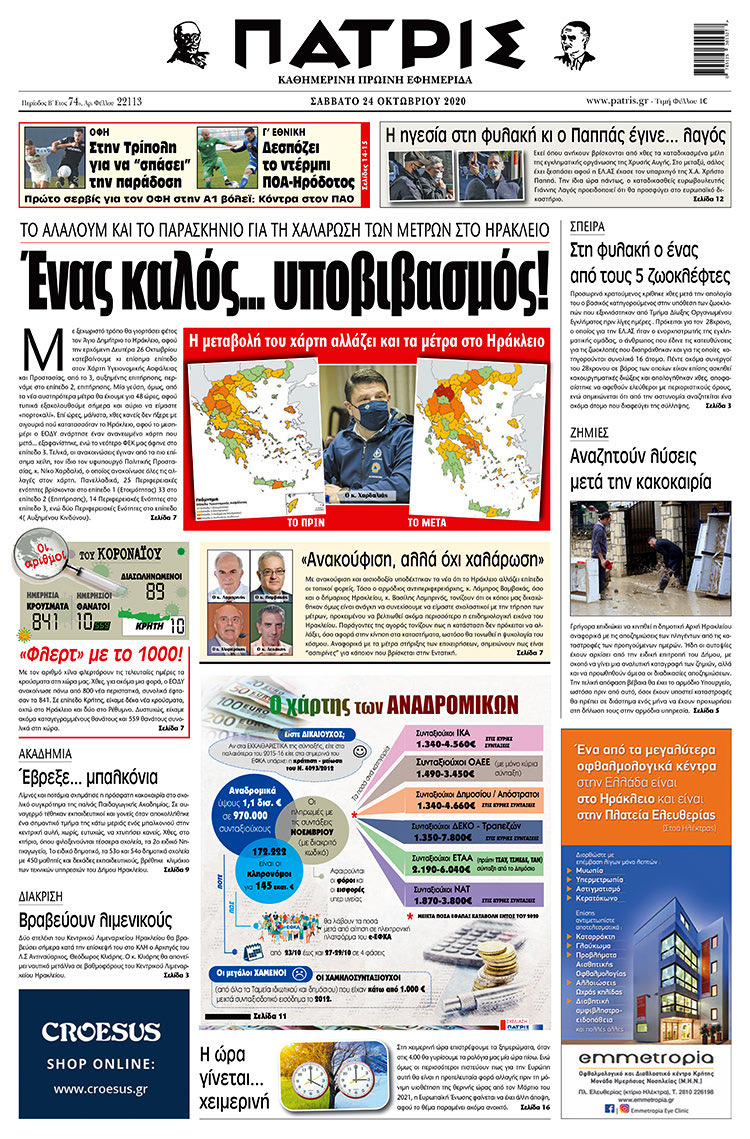 Πρωτοσέλιδο ΠΑΤΡΙΣ 24/10/2020