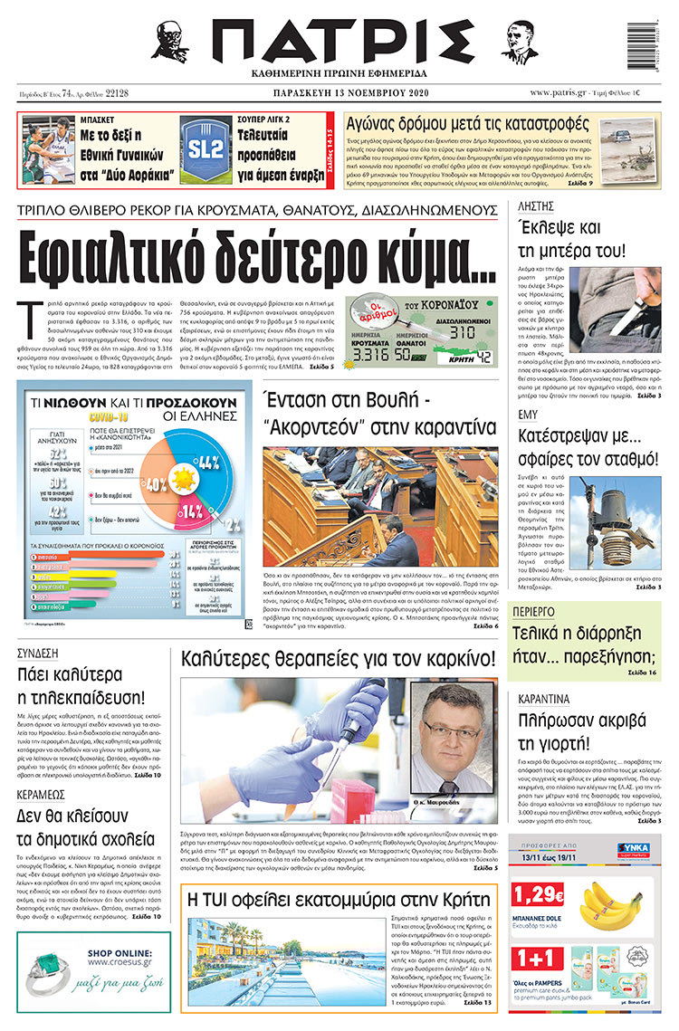 Πρωτοσέλιδο ΠΑΤΡΙΣ 13/11/2020