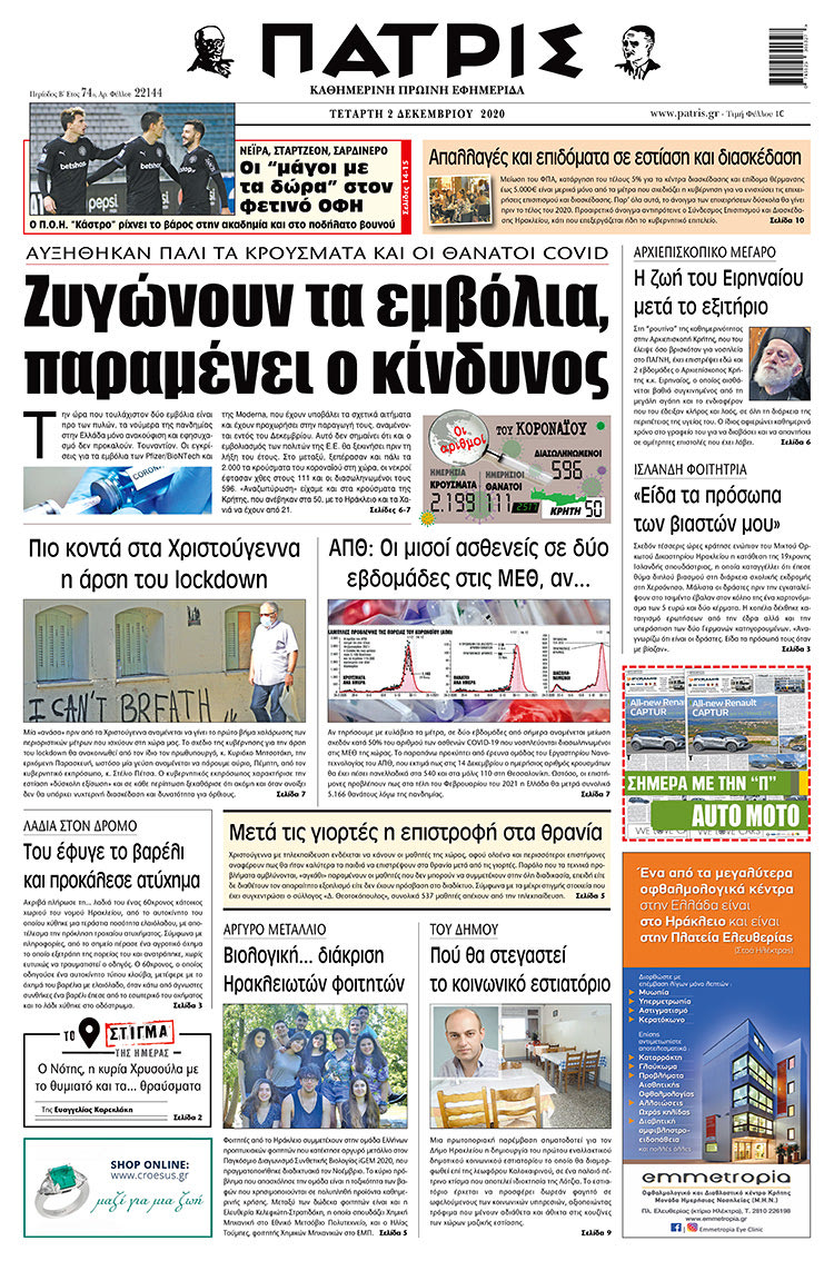 Πρωτοσέλιδο ΠΑΤΡΙΣ 2/12/2020