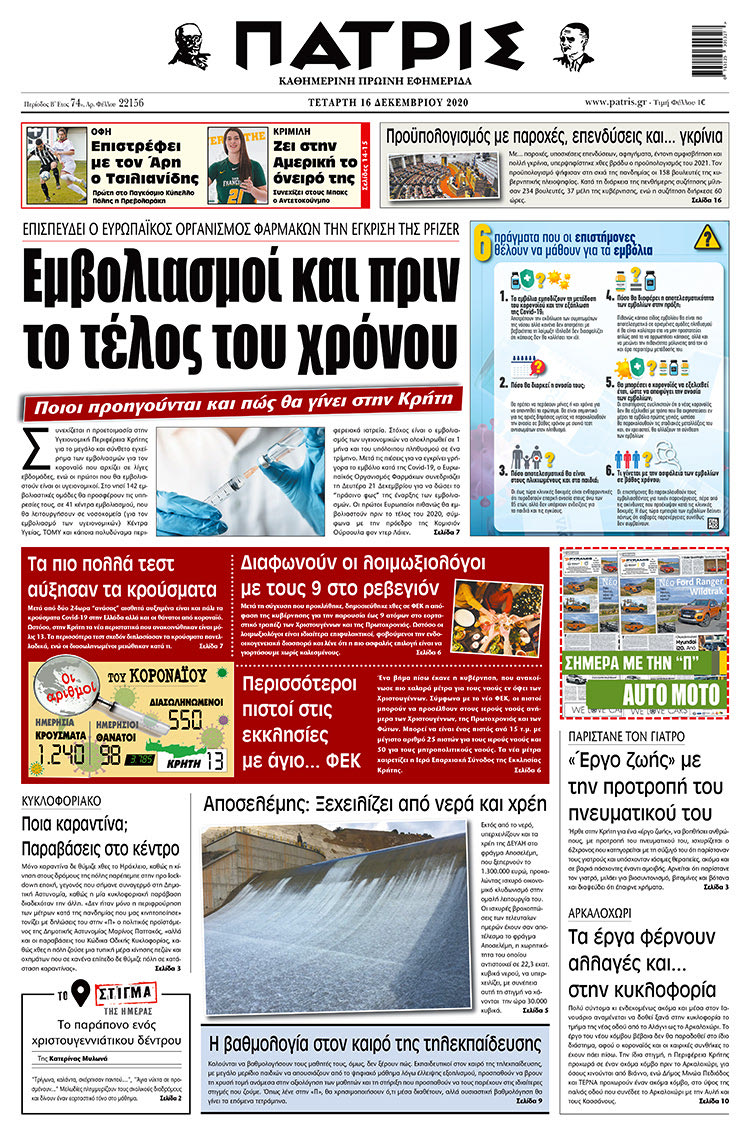 Πρωτοσέλιδο ΠΑΤΡΙΣ 16/12/2020