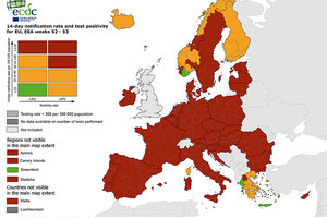 η εικόνα της Ελλάδας στον ανανεωμένο χάρτη του Ευρωπαϊκού Κέντρου Πρόληψης και Ελέγχου Ασθενειών (ECDC) που καταγράφει την επιδημιολογική εικόνα του κοροναϊού.