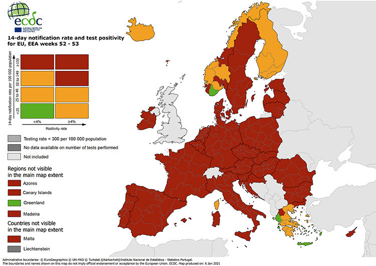 η εικόνα της Ελλάδας στον ανανεωμένο χάρτη του Ευρωπαϊκού Κέντρου Πρόληψης και Ελέγχου Ασθενειών (ECDC) που καταγράφει την επιδημιολογική εικόνα του κοροναϊού.