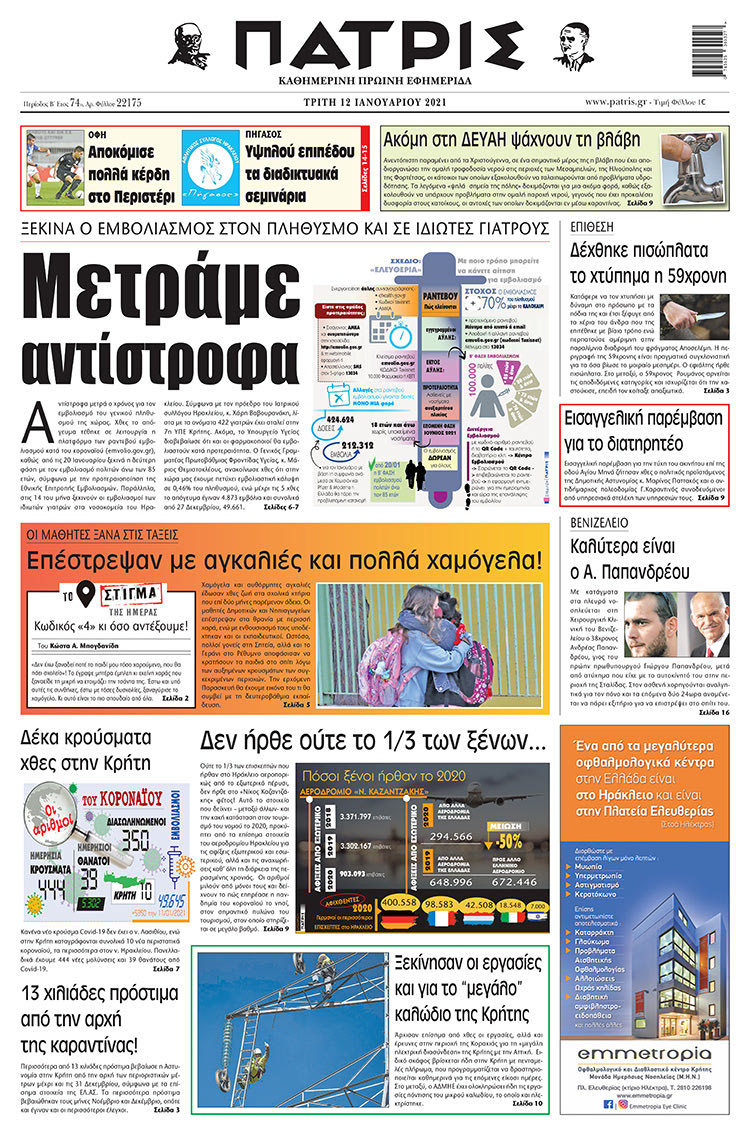 Πρωτοσέλιδο ΠΑΤΡΙΣ 12/1/2021