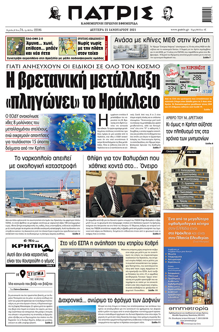 Πρωτοσέλιδο ΠΑΤΡΙΣ 25/1/2021