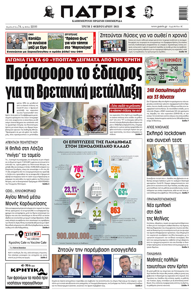 Πρωτοσέλιδο ΠΑΤΡΙΣ 2/2/2021