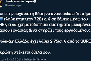 Η πρόεδρος της Κομισιόν Ούρσουλα Φον Ντερλάινεν να μας θυμίσει ότι η Ελλάδα ενισχύεται με 2,7 δισ. μεχρι τώρα από το πρόγραμμα SURE