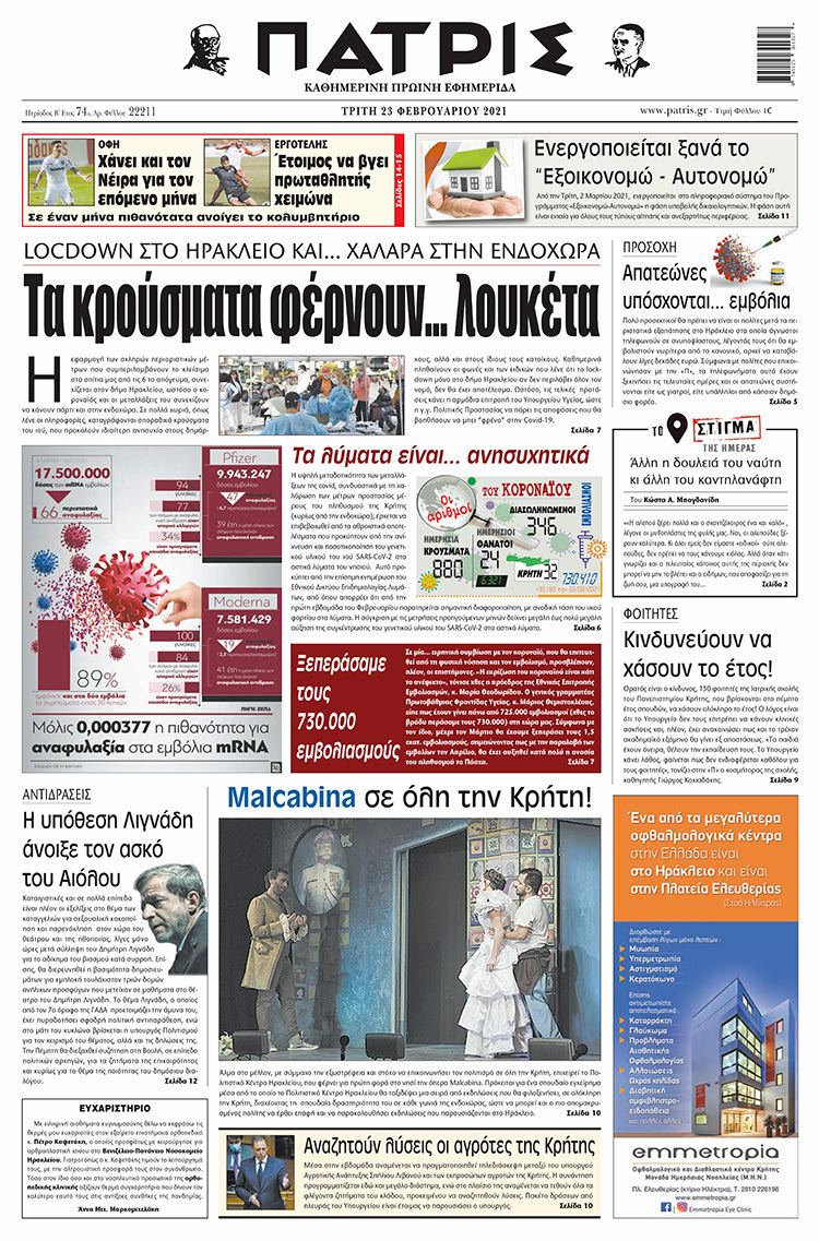 Πρωτοσέλιδο ΠΑΤΡΙΣ 23/2/2021