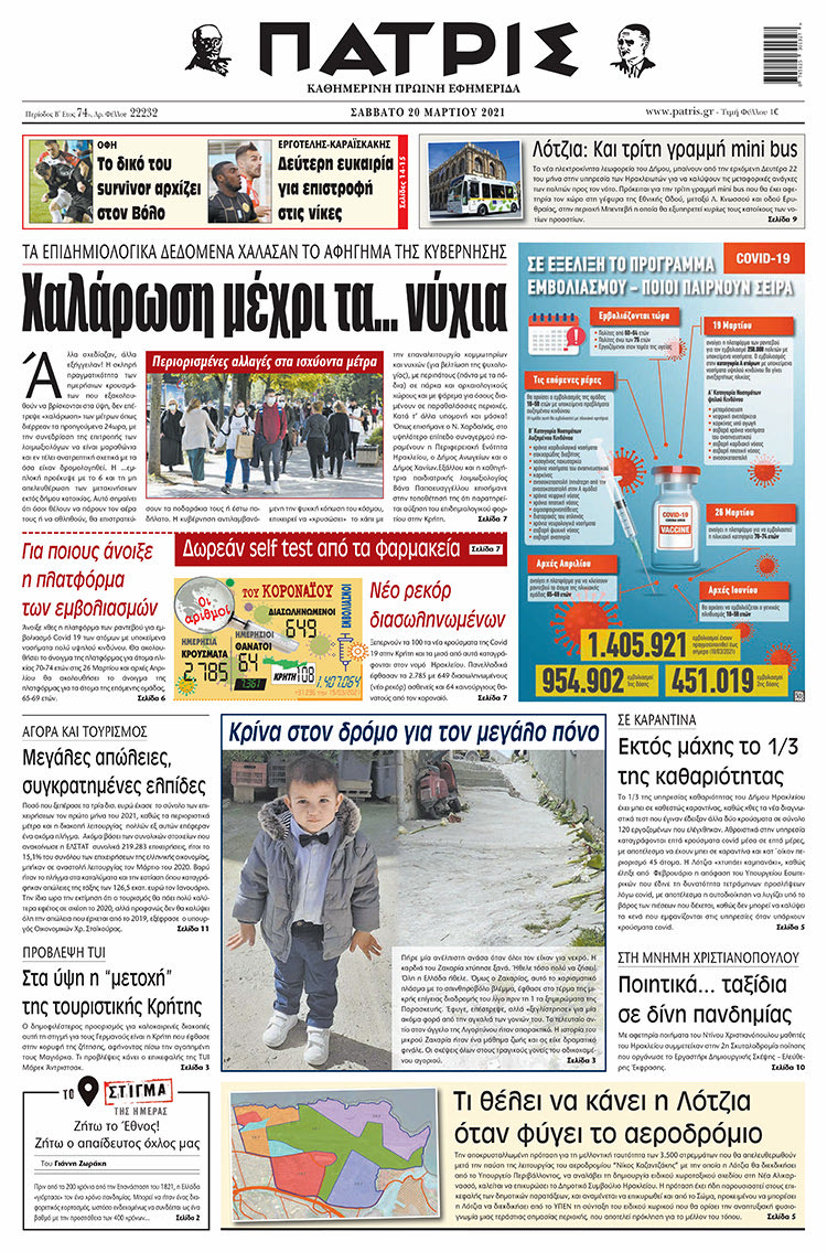Πρωτοσέλιδο ΠΑΤΡΙΣ 20/3/2021