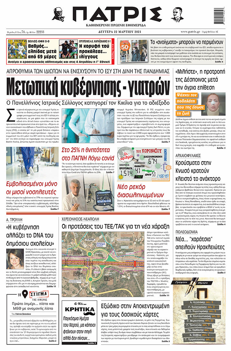 Πρωτοσέλιδο ΠΑΤΡΙΣ 22/3/2021