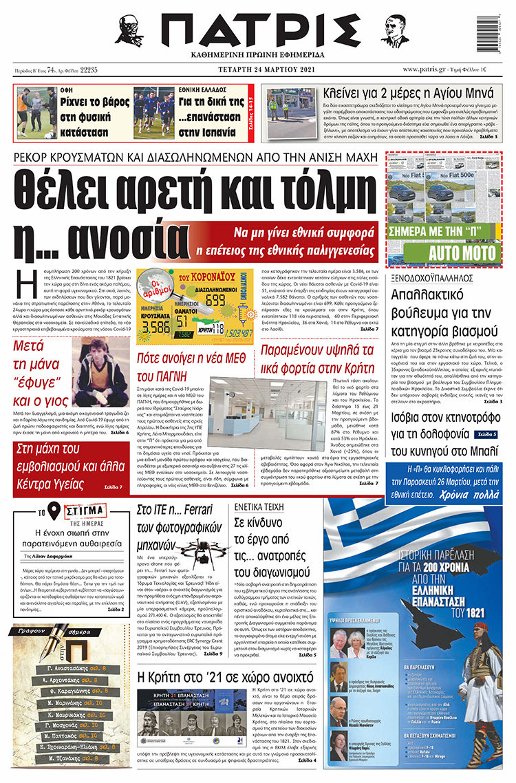 Πρωτοσέλιδο ΠΑΤΡΙΣ 24/3/2021